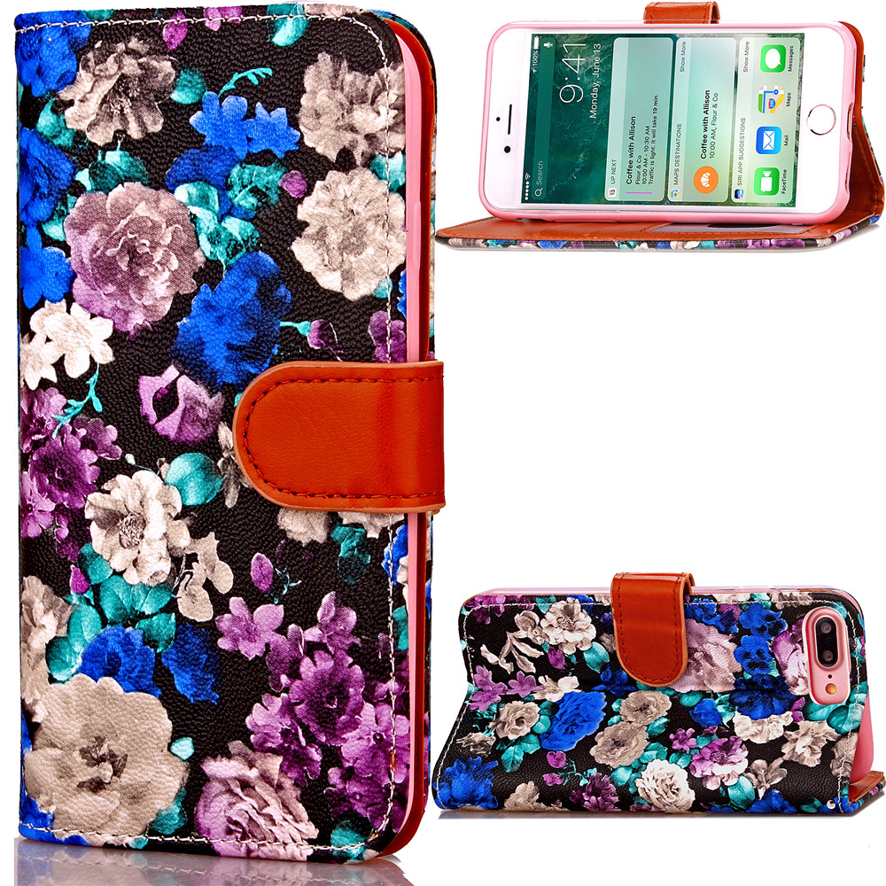 iPhone 7 Plus case floral pattern ID card full cash wallet cover case