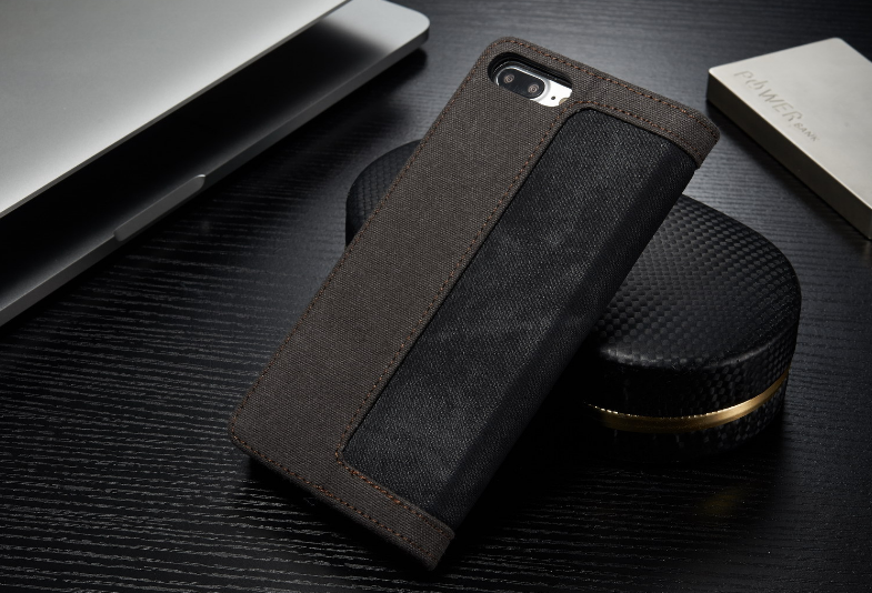 Iphone 7 Plus Contrast Denim Folio Wallet Case Magnetic Closure - Black