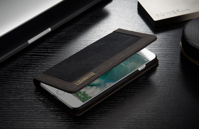 Iphone 7 Plus Contrast Denim Folio Wallet Case Magnetic Closure - Black