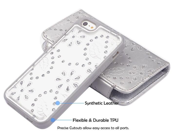 iphone 5 5s SE bling leather wallet case detachable
