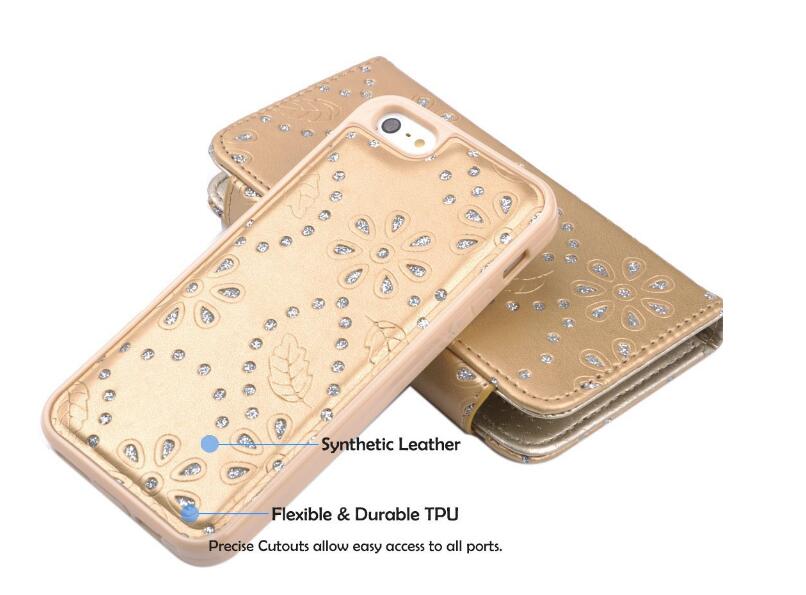 iphone 5 5s SE bling leather wallet case detachable