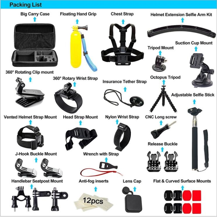 50 in 1 GoPro Mounts Accessories Kit Set + Large Carry case