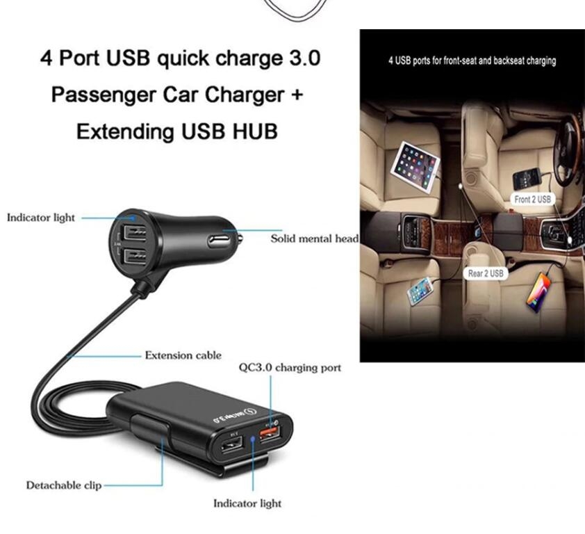 4 Ports USB Car Charger QC3.0 Quick Charging USB Adapter