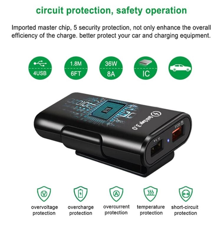 4 Ports USB Car Charger QC3.0 Quick Charging USB Adapter
