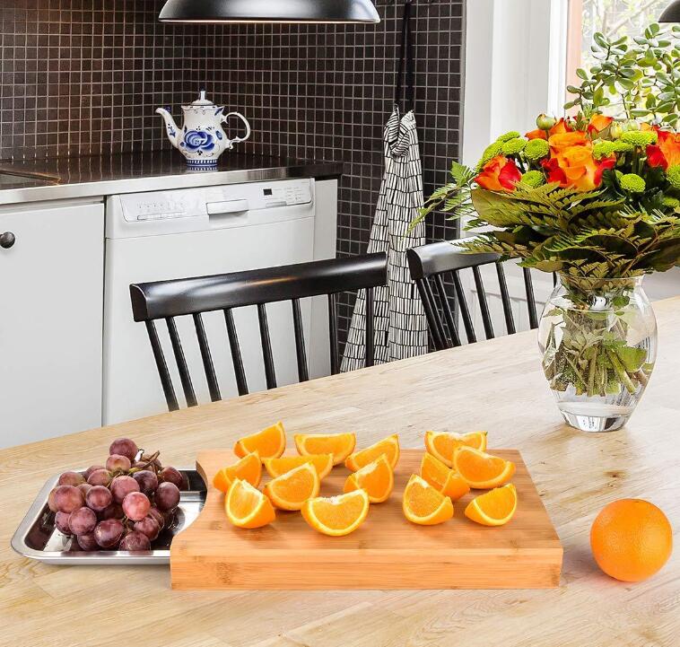Bamboo Chopping Board with Sliding Stainless Steel Tray