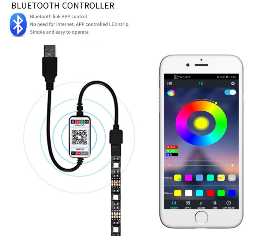 Waterproof LED Strip Light RGB Bluetooth Control 3M