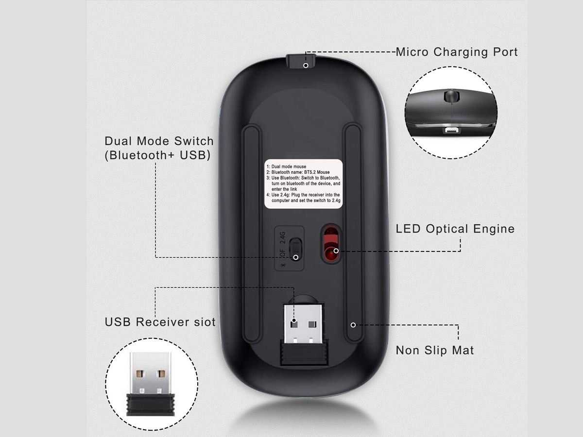 Wireless Mouse Rechargeable Bluetooth 2.4G