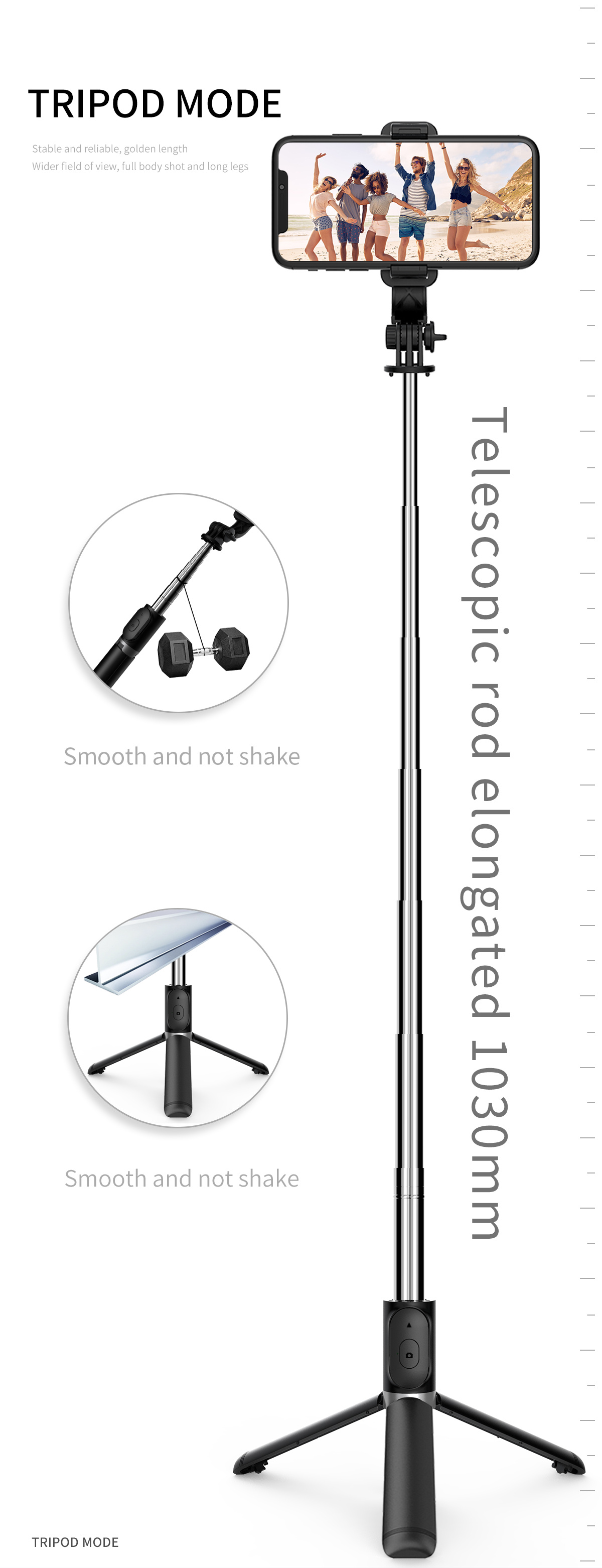 Extendable All-in-1 Cell Phone Selfie Stick Tripod with 360 Rotation